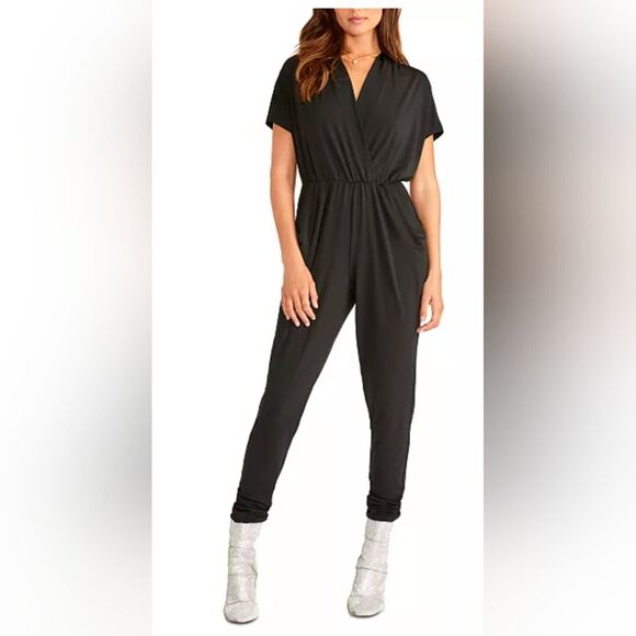 RACHEL Rachel Roy Pleated Black Jumpsuit Faux Wrap Witchy Plus Size 1X Pockets - Picture 1 of 10